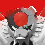  bear black_sclera closed_mouth colored_sclera green_eyes highres jcstr monochrome no_humans pokemon pokemon_(creature) red_background solo upper_body ursaluna zombie 