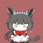  1girl :&lt; ? alternate_costume animal_ears apron apron_lift black_dress black_hair black_serval_(kemono_friends) brown_hair cat_ears cat_girl cat_tail chibi closed_mouth clothes_lift colored_skin confused dress enmaided feet_out_of_frame frills fukuinu_daddy gloves highres kemono_friends kemono_friends_3 lifted_by_self long_hair long_sleeves looking_at_object looking_down maid maid_apron maid_headdress multicolored_hair red_background simple_background solo standing tail tsurime white_apron white_gloves white_skin yellow_eyes 