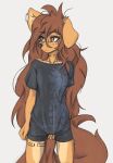  2023 absurd_res anthro apogee_(tinygaypirate) bottomless bottomless_anthro bottomless_female breasts canid canine canis clothed clothing digital_media_(artwork) domestic_dog female female_anthro floppy_ears fur hair hi_res kemono long_hair mammal nipple_outline piercing shirt shirt_only small_breasts solo spitz tail tattoo tinygaypirate topwear topwear_only 