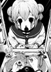  4shi bags_under_eyes bathroom blood blood_from_mouth blood_in_mouth blood_on_face blood_on_hands chain cup dango-chan_(4shi) dark double_bun drain_(object) eyeball faucet greyscale hair_between_eyes hair_bun highres holding holding_eyeball holding_toothbrush hollow_eyes horror_(theme) japanese_clothes leaning_forward long_sleeves looking_at_viewer looking_up medium_hair monochrome neckerchief nosebleed open_mouth original pov pov_hands reflection sailor_collar school_uniform serafuku shelf sink toothbrush toothpaste upper_body upturned_eyes water 