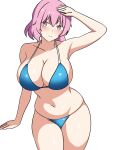  1girl arm_up bikini blue_bikini breasts cleavage closed_mouth commentary ehehe52921343 highres huge_breasts korean_commentary looking_at_viewer navel pink_eyes pink_hair saigyouji_yuyuko short_hair simple_background smile solo swimsuit touhou white_background 