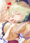  2girls :d :t ^_^ absurdres black_headwear blonde_hair blurry blush calpis118 cheek_press closed_eyes closed_mouth collar commentary_request depth_of_field eyelashes flandre_scarlet friends frilled_collar frilled_sleeves frills green_hair green_sailor_collar hair_between_eyes hand_on_another&#039;s_arm happy hat heart highres hug komeiji_koishi long_sleeves medium_hair mob_cap multiple_girls open_mouth sailor_collar shirt simple_background smile teeth touhou upper_body upper_teeth_only wavy_hair white_background white_headwear wide_sleeves yellow_shirt 