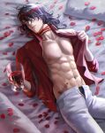  1boy abs absurdres black_hair black_male_underwear cup debbie_(debbielu9972) drinking_glass highres holding holding_cup long_hair male_focus male_underwear multicolored_hair muscular muscular_male navel nijisanji nijisanji_en nipples open_clothes open_shirt pants red_eyes red_hair red_shirt shirt smile solo stomach stomach_tattoo tattoo underwear virtual_youtuber vox_akuma white_pants wine_glass 