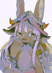  1other animal_ears ears_through_headwear fake_horns furry helmet hinann_bot horizontal_pupils horned_helmet horns long_hair made_in_abyss nanachi_(made_in_abyss) simple_background topless upper_body whiskers white_background white_hair yellow_eyes 