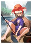  1girl absurdres bare_legs barefoot blurry blurry_background breasts day dress feet fishing fishing_rod foreshortening full_body grey_hair hair_between_eyes highres holding knee_up legs medium_hair octopus on_ground open_mouth orange_eyes original outdoors partially_unbuttoned purple_dress sitting small_breasts sokiu_(dongxiasokiu) solo straw_cape teeth toenails toes water wooden_floor 