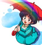  1girl blush breasts fuurinkan_high_school_uniform happy open_mouth rainbow ranma_1/2 school_uniform short_hair simple_background solo tendou_akane umbrella wanta_(futoshi) water white_background 