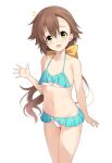  1girl bikini bow brown_hair eiyuu_densetsu green_eyes hair_bow hakuleg highres long_hair looking_at_viewer navel open_mouth ponytail sen_no_kiseki simple_background solo swimsuit towa_herschel very_long_hair waving white_background yellow_bow 