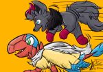  2021 ambiguous_gender arche150 duo feathers feral flying fur grey_body grey_fur hi_res mostly_nude motion_lines multicolored_body multicolored_feathers nintendo noire_(arche150) orange_background pokemon pokemon_mystery_dungeon red_body red_fur running scarf scarf_only signature simple_background white_scarf zephyr_(arche150) 