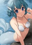  1girl artist_name blue_eyes blue_hair breasts cleavage collarbone commission drill_hair drill_sidelocks fins from_below head_fins highres looking_at_viewer monrooru outdoors shell shell_bikini sidelocks skeb_commission solo touhou wakasagihime 