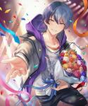  1boy aoyagi_touya black_pants blue_hair bouquet commentary confetti dark_blue_hair flower grey_eyes highres holding holding_bouquet hood hood_down hooded_jacket jacket jewelry long_sleeves looking_at_viewer male_focus mole mole_under_eye multicolored_hair necklace offtoon12 open_clothes open_jacket orange_flower outstretched_arm outstretched_hand pants project_sekai purple_flower purple_hood red_flower smile solo split-color_hair teeth torn_clothes torn_pants two-tone_hair yellow_flower zipper 