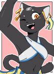  anthro black_body black_fur blush blush_lines bra clothing ear_piercing ear_ring fangs felid feline female fur hi_res mammal one_eye_closed piercing ring_piercing smile smiling_at_viewer solo sonokido tarahe teeth underwear wink yellow_eyes 