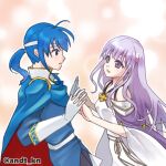  1boy 1girl andt_kn bare_shoulders blue_eyes blue_hair brother_and_sister cape circlet dress fire_emblem fire_emblem:_genealogy_of_the_holy_war holding_hands julia_(fire_emblem) long_hair open_mouth ponytail purple_eyes purple_hair seliph_(fire_emblem) siblings simple_background twitter_username 