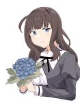  1girl assault_lily black_ribbon blue_eyes blue_flower blunt_bangs blush bouquet breasts brown_hair closed_mouth commentary cropped_jacket cropped_torso flower hands_up highres holding holding_bouquet juliet_sleeves kaede_johan_nouvel long_hair long_sleeves looking_at_viewer medium_breasts natsumiya_kuina neck_ribbon own_hands_together puffy_sleeves ribbon school_uniform shirt sidelocks simple_background smile solo upper_body white_background white_shirt yurigaoka_girls_academy_school_uniform 