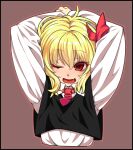 1girl ;d arms_behind_head arms_up black_border black_vest blonde_hair border bow brown_background brown_outline collared_shirt cropped_torso crossed_wrists fang hair_between_eyes hair_bow long_sleeves looking_at_viewer necktie one_eye_closed open_mouth outline red_bow red_eyes red_necktie rumia shamo_(koumakantv) shiny_skin shirt short_hair short_necktie simple_background skin_fang smile solo straight-on touhou upper_body vest white_shirt wing_collar 