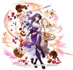  2girls ^_^ apron arm_up asatani_tomoyo ayra_(fire_emblem) black_footwear black_hair blackberry_(fruit) blonde_hair blueberry breasts brown_footwear brown_pantyhose cake cherry closed_eyes commentary_request cup dress fire_emblem fire_emblem:_genealogy_of_the_holy_war fire_emblem:_three_houses fire_emblem_heroes flower food frilled_apron frills fruit full_body grey_apron head_tilt holding holding_sword holding_teapot holding_tray holding_weapon juliet_sleeves loafers long_hair long_sleeves maid maid_headdress medium_breasts mercedes_von_martritz multiple_girls official_alternate_costume official_art open_mouth pantyhose puffy_sleeves purple_apron purple_eyes purple_flower purple_pantyhose purple_rose raspberry rose shoes simple_background smile strawberry sword teacup teapot tray very_long_hair waist_apron weapon white_background white_dress 