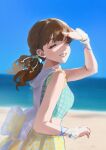  1girl ^_^ absurdres aqua_shirt beach blurry blurry_background blush bracelet breasts brown_hair closed_eyes from_side grin highres idolmaster idolmaster_cinderella_girls jewelry kj_keiji medium_breasts outdoors plaid plaid_skirt sakuma_mayu shading_eyes shirt skirt sleeveless sleeveless_shirt smile solo yellow_skirt 