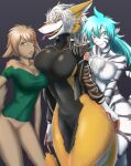  anthro basitin big_breasts blue_eyes blue_hair breasts crossgender felid female gender_transformation group hair huge_breasts keidran keith_keiser lips mammal pantherine sergal size_difference thirukin tiger tongue tongue_out trace_legacy transformation trio twokinds webcomic wide_hips 
