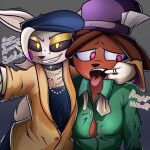  anthro bear beret black_sclera bombay_(artist) canid canine clothing duo fashion female female/female forced fox frenlivet_(bombay) glowing glowing_eyes hat headgear headwear jewelry mammal open_mouth porbit_(bombay) selfie tongue tongue_out 