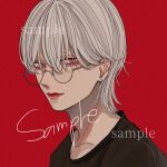  1boy bishounen black_shirt closed_mouth commission from_side glasses grey_eyes highres kagoya1219 long_bangs looking_at_viewer looking_to_the_side male_focus original portrait red_background sample_watermark shirt short_hair simple_background solo watermark white_hair 