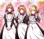  3girls ahoge apron backsusang black_dress blonde_hair blue_eyes braid crown_braid dress duster green_eyes hair_ornament hairband hairclip highres hod_(project_moon) holding holding_duster holding_notebook holding_pen juliet_sleeves library_of_ruina long_hair long_sleeves looking_at_viewer maid malkuth_(project_moon) medium_hair multiple_girls notebook open_mouth pen project_moon puffy_sleeves red_hairband sidelocks sweat tiphereth_a_(project_moon) very_long_hair white_apron 