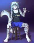  absurd_res blue_eyes blue_hair bottomwear clothing drumstick_(musical) felid female fur furniture green_eyes grey_body grey_fur hair heterochromia hi_res mammal pantherine sacrificabominat shirt shorts snow_leopard solo spots stool tank_top topwear white_body white_fur 