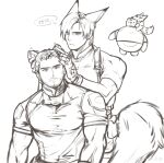  2boys animal_ears bao_(bobobao21) bara bear_ears beard_stubble chris_redfield ear_fondling extra_ears flapping_ears fox_boy fox_ears fox_tail greyscale highres kemonomimi_mode large_pectorals leon_s._kennedy male_focus mature_male merchandise monochrome motion_lines multiple_boys muscular muscular_male mustache_stubble parody pectorals pip_the_bear resident_evil short_hair sketch stuffed_animal stuffed_toy tail teddy_bear translation_request yaoi 