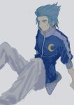  1boy blue_eyes blue_hair blue_jacket closed_mouth commentary_request crescent earrings grey_background grey_pants highres isa_(kingdom_hearts) jacket jewelry kingdom_hearts kingdom_hearts_birth_by_sleep male_focus nishinsobha pants short_hair single_earring sitting spiked_hair 