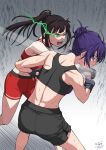  2girls abs artist_name attack back black_shorts black_sports_bra blood blood_from_mouth blue_eyes borrowed_character brown_hair character_request commission fangs fingerless_gloves gloves gradient_background green_eyes grey_background hair_bun hair_flowing_over lightning long_bangs midriff mixed_martial_arts mma_gloves motion_blur motion_lines multiple_girls muscular muscular_female open_mouth original pixiv_commission ponytail punching purple_hair purple_sports_bra red_shorts red_sports_bra sage_tory shaded_face shorts signature slit_pupils sports_bra sweat white_background 