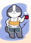  anthro bottomwear breasts canid canine canis clothing coffee_cup container cup d13w0tt(artist) dogs_in_space domestic_dog eyebrows female fur grey_body grey_clothing grey_fur grey_tail hand_on_hip hi_res mammal multicolored_body multicolored_fur netflix nomi_(dogs_in_space) orange_clothing raised_eyebrow shih_tzu short_stack shorts simple_background sleepwear slightly_chubby solo steam thick_thighs toy_dog two_tone_body two_tone_fur white_body white_fur 