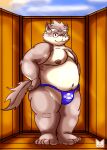  anthro asian_clothing belly butt canid canine canis chubby_anthro chubby_male clothing digital_media_(artwork) domestic_dog east_asian_clothing fundoshi hi_res japanese_clothing lifewonders male mammal moobs moritaka nipples overweight overweight_anthro overweight_male red_panda_mirr smile solo tokyo_afterschool_summoners underwear 