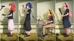  4girls absurdres ahoge bass_guitar black_footwear black_shirt black_skirt blonde_hair blue_eyes blue_hair bocchi_the_rock! brown_pants commentary drum drum_set electric_guitar english_commentary gotoh_hitori green_eyes guitar headphones highres ijichi_nijika instrument jl_tan kita_ikuyo long_hair microphone mole mole_under_eye multiple_girls music pants pants_under_skirt pink_hair pink_pants playing_instrument red_hair shirt short_hair side_ponytail sitting skirt standing t-shirt textless_version white_skirt yamada_ryo yellow_eyes 