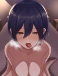  1girl bed black_hair breasts brown_eyes commentary_request commission cum cum_on_body cum_on_breasts hair_between_eyes heavy_breathing highres large_breasts medium_hair nijisanji nude ricochet-gou saliva shizuka_rin sitting skeb_commission solo tongue tongue_out virtual_youtuber wariza 