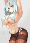  1girl absurdres armpits arms_up bikini blue_eyes blush breasts grey_hair hair_ornament hair_over_one_eye hairclip hamakaze_(kancolle) highres kantai_collection large_breasts navel pantyhose short_hair side-tie_bikini_bottom simplecar solo swimsuit thighband_pantyhose undone_bikini white_bikini 