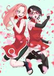  2girls absurdres black_eyes blush boruto:_naruto_next_generations cherry_blossoms forehead_protector glasses green_eyes hairband haruno_sakura headband highres long_hair mother_and_daughter multiple_girls naruto naruto_(series) one_eye_closed open_mouth petals red-framed_eyewear shikiwo short_hair short_shorts shorts sleeveless teeth thighhighs time_paradox toeless_footwear uchiha_sarada upper_teeth_only 