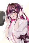  1girl asmr azki_(4th_costume)_(hololive) azki_(hololive) black_hair colored_inner_hair commentary dress hair_ornament hair_ribbon highres hololive kiko_(okuwae) long_hair multicolored_hair nail_polish open_mouth pink_hair pink_nails purple_eyes ribbon simple_background smile solo streaked_hair upper_body virtual_youtuber white_background white_hair 