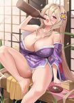  1girl absurdres ahoge arm_support bar_censor blonde_hair blush bottle bottomless breasts censored cleavage dango food hair_ornament highres holding holding_bottle japanese_clothes kimono large_breasts long_hair looking_at_viewer off_shoulder one_eye_closed open_mouth original pink_hair pussy sake_bottle saucer shouji sitting sliding_doors smile solo somyo_(s0my0) wagashi wide_sleeves 