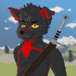  anonymous_artist anthro blep canid canine day detailed_background fluffy fur hair hi_res hybrid male mammal melee_weapon orange_eyes skarlax smile solo sword tongue tongue_out weapon 