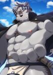  abs absurd_res accessory anthro bottomwear canid canine canis clothing fur grey_body grey_fur headband hi_res horkeu_kamui_(tas) jacket lifewonders loincloth male mammal muscular muscular_anthro muscular_male nipples offering_hand pecs solo tokyo_afterschool_summoners topwear wolf yellow_eyes zyuzinka 