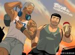  2boys artist_request bara black_shorts bulge carrying_over_shoulder clothes_writing commission dark-skinned_male dark_skin eyebrow_cut feet_out_of_frame from_below goatee_stubble green_tank_top headphones headphones_around_neck highres indie_virtual_youtuber large_pectorals lei_bailin male_focus mature_male multiple_boys muscular muscular_male mustache_stubble one_eye_closed pectoral_cleavage pectorals scar scar_on_cheek scar_on_face scar_on_forehead scar_on_nose seductive_smile short_hair short_shorts shorts sidepec skeb_commission smile tank_top thick_eyebrows translated virtual_youtuber white_hair white_tank_top 