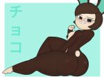  2023 animal_crossing anthro areola bent_leg blue_background border breasts brown_areola brown_body brown_fur brown_hair brown_nipples buckteeth butt carmen_(animal_crossing) character_name female fur gloves_(marking) golden_is_bunny green_body hair half-closed_eyes hi_res japanese_text lagomorph leg_markings leporid light_body light_fur long_ears looking_at_viewer looking_back looking_back_at_viewer mammal markings narrowed_eyes nintendo nipples nude rabbit short_tail simple_background sitting socks_(marking) solo tail teeth text white_border 