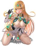  1girl absurdres bare_shoulders blonde_hair blush breasts earrings elbow_gloves food full_body gloves hair_ornament highres holding holding_food holding_popsicle jewelry kneeling large_breasts long_hair looking_at_viewer mythra_(xenoblade) nemunemu_semi open_mouth popsicle simple_background skindentation smile thigh_strap thighs tongue tongue_out white_background white_gloves xenoblade_chronicles_(series) xenoblade_chronicles_2 yellow_eyes 