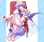  2girls armchair blue_hair blunt_bangs boots chair crescent crescent_hat_ornament dress eichi_yuu eyes_visible_through_hair fang fang_out floral_background hair_ribbon hat hat_ornament high_heels highres jitome light_blue_hair long_hair looking_at_viewer mob_cap multiple_girls patchouli_knowledge pink_dress puffy_short_sleeves puffy_sleeves purple_eyes purple_hair red_eyes remilia_scarlet ribbon short_sleeves simple_background sitting sitting_on_lap sitting_on_person smile striped touhou tress_ribbon vertical_stripes very_long_hair yuri 