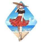  1girl alternate_costume bare_shoulders black_shirt blue_sky chocojax cloud commentary crop_top day fire_emblem fire_emblem_engage full_body hair_ribbon hat head_tilt highres lapis_(fire_emblem) looking_at_viewer midriff navel off-shoulder_shirt off_shoulder pink_eyes pink_hair red_skirt ribbon shirt short_hair short_sleeves skirt sky smile solo standing stomach sun_hat 