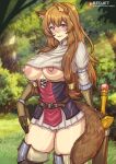  2022 absolute_territory animal_humanoid bottomwear breasts brown_hair canid canid_humanoid canine canine_humanoid clothing exposed_breasts female hair humanoid mammal mammal_humanoid melee_weapon nipples raphtalia redjet00 skirt solo sword tanuki_humanoid the_rising_of_the_shield_hero weapon 