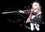  1girl absurdres arknights beudelb black_background black_choker black_jacket black_shorts blonde_hair choker commentary crop_top cropped_legs gun highres holding holding_gun holding_weapon horns ifrit_(arknights) jacket long_hair midriff orange_eyes rifle short_shorts shorts simple_background solo sports_bra standing stomach thigh_strap weapon 