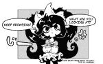  1girl anger_vein ashley_(warioware) big_hair border capelet chestnut_mouth cowboy_shot crossed_arms english_text greyscale hairband inawon long_hair long_sleeves looking_at_viewer messy_hair monochrome skull_brooch solo speech_bubble twintails warioware white_border 