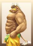  1boy abs animal_ears artist_request ass asterius_(housamo) bara brown_fur bulge bulge_lift cow_ears cow_horns dressing feet_out_of_frame forked_eyebrows from_side furry furry_male green_male_underwear highres horns huge_eyebrows i&#039;ve_never_seen_a_guy_recreate_this_successfully_tbh_(meme) large_pectorals male_focus male_underwear meme minotaur muscular muscular_male nipples nose_piercing nose_ring open_pants pants pants_lift pectorals piercing short_hair solo stomach tokyo_afterschool_summoners topless_male tusks undersized_clothes underwear 