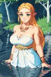  1girl alternate_breast_size bare_shoulders blonde_hair blush braid breasts cleavage dress grass green_eyes hair_ornament hairclip jewelry large_breasts long_hair looking_at_viewer nikichen official_alternate_costume parted_lips partially_submerged pointy_ears princess_zelda rock sidelocks sleeveless solo the_legend_of_zelda the_legend_of_zelda:_breath_of_the_wild water wet 