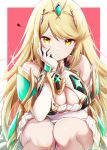 1girl bare_shoulders blonde_hair breasts chest_jewel cleavage core_crystal_(xenoblade) dangle_earrings drop_earrings earrings gem gloves headpiece highres jewelry large_breasts long_hair looking_at_viewer mythra_(xenoblade) pout solo swept_bangs tiara ui_frara xenoblade_chronicles_(series) xenoblade_chronicles_2 yellow_eyes 
