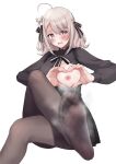  1girl absurdres ahoge black_dress black_pantyhose black_ribbon blush commission dress embarrassed eyelashes feet flower foot_focus foot_out_of_frame foreshortening grey_hair hair_between_eyes hair_flower hair_ornament hair_ribbon heart heart-shaped_boob_challenge heart-shaped_pupils heart_hands highres knee_up legs lily_(flower) lily_(spy_kyoushitsu) long_hair long_sleeves neck_ribbon nipples no_shoes one_breast_out open_mouth pantyhose pink_eyes puffy_long_sleeves puffy_sleeves ribbon sahara1127 shadow short_dress sidelocks simple_background skeb_commission smell soles solo spy_kyoushitsu steaming_body symbol-shaped_pupils toes white_background white_ribbon 